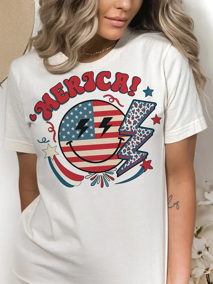 Retro 4th of July png, 4th of July sublimation design, retro smiley face png, America lightning bolt png, Independence Day png, USA design