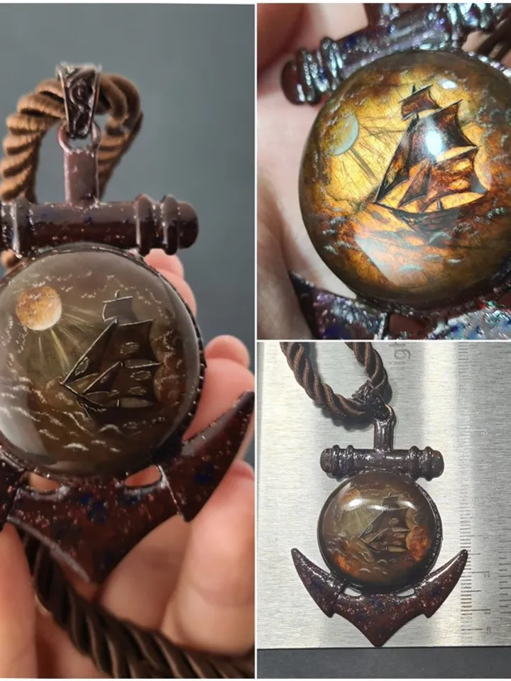 The ship and the moon Labradorite gemstone pendant Miniature painting Necklace