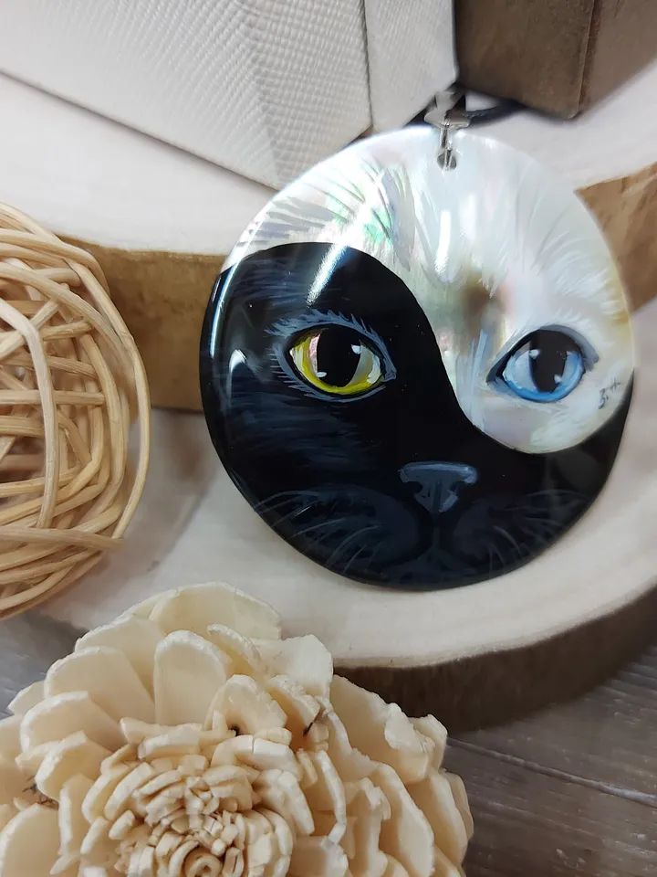 Pendant Mother-of-pearl "Yin-Yang Cat" miniature hand-painted. Russian jewelry. Gift for cat lovers. Hand-painted Necklace. MOP