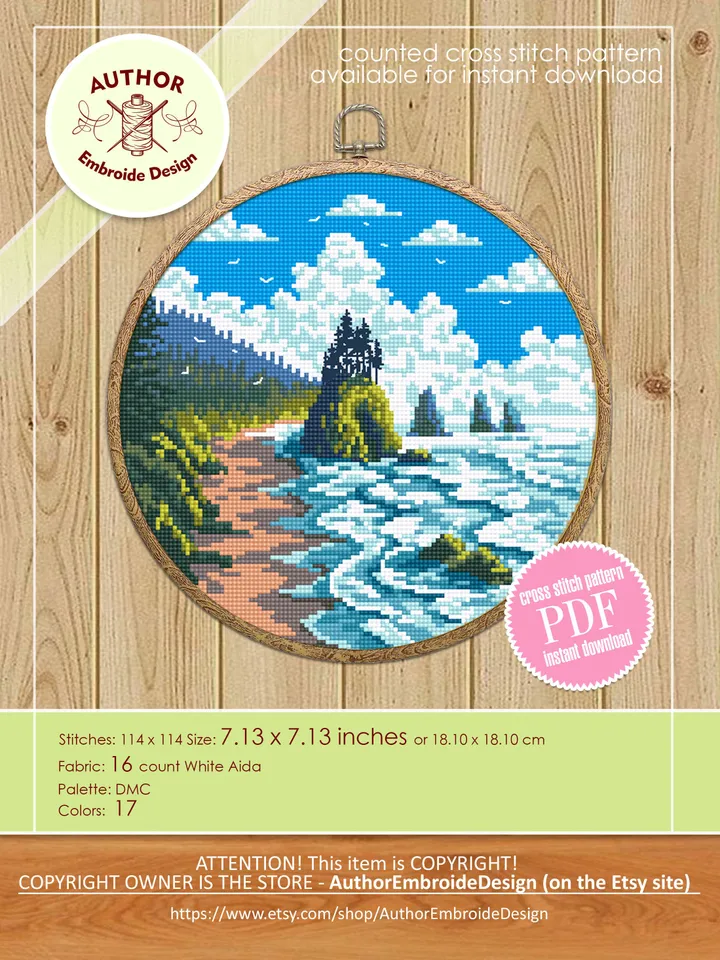 Olympic national park cross stitch pattern PDF download Nature cross stitch chart, Ocean coast, Ocean waves, Nature landscape pattern #L72