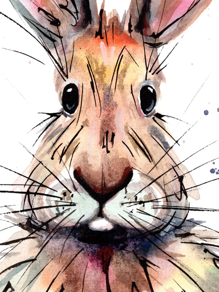 Original watercolor hare, animal painting, room decor, animals lover gift, 8x11 in bunny art with splashes and streaks of watercolor by Anne Gorywine