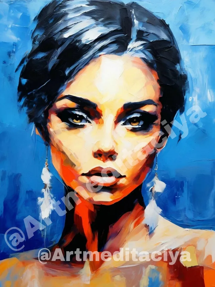 Digital abstract texture painting "Girl" in the style of oil painting with a palette knife on an abstract blue-blue background. This is a concise image of a beautiful brunette of European appearance with brown expressive eyes and abstract large white feat
