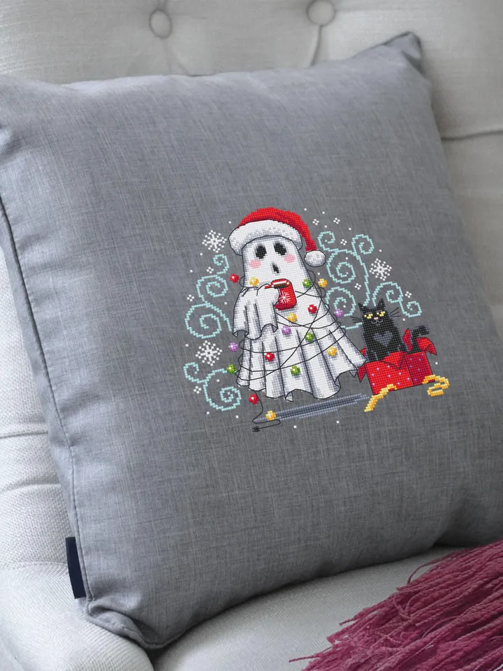 Christmas ghost with black cat cross stitch pattern PDF instant download Cute ghost cross stitch chart, Christmas pattern digital PDF #N151