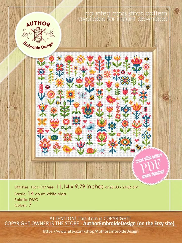 Folk flowers cross stitch pattern PDF download Tiny flower sampler cross stitch, Mini floral pattern digital PDF, Scandinavian folk #P43