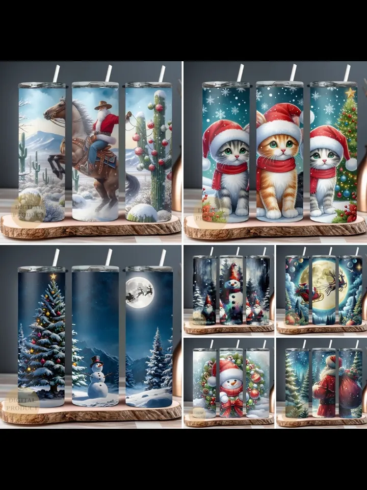 10 Christmas 20 Oz Tumbler Wrap png Bundle, Christmas Sublimation Designs for Tumblers, Santa with Sleigh, Christmas Gnomes with Santa Cat