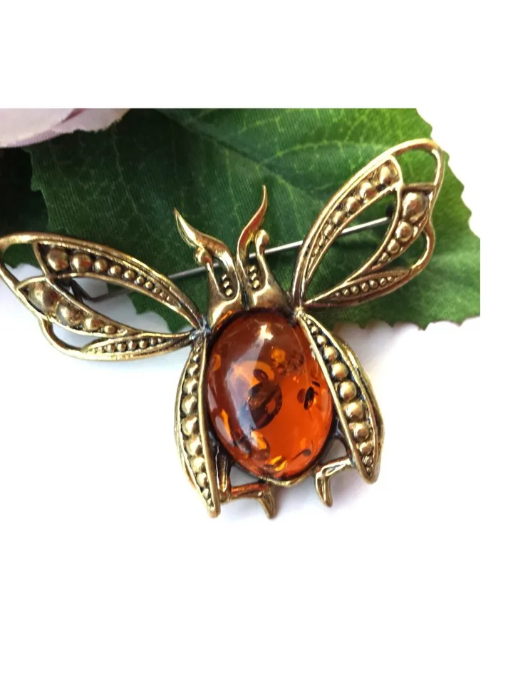May Beetle Insect Brooch Nature Jewelry for Women and Men Gold Brass with Amber Jewelry Spring Summer Brooch on Dress Jacket