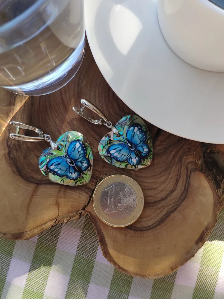 Pearl earrings: Dainty Butterfly Earrings dangle hand painted on Mother of Haliotis pearl • Heart shaped cute Art earrings for elegant women