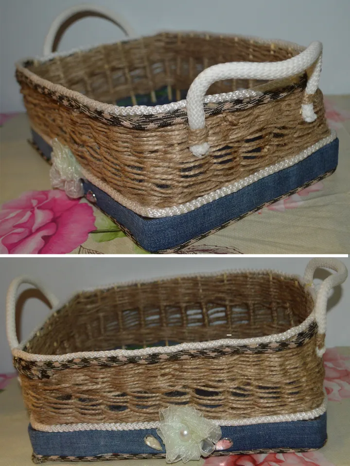 Basket Handmade Bread & Fruit Tray – Jute Rope Weaving, Denim Accents, Eco-Friendly Farmhouse Basket