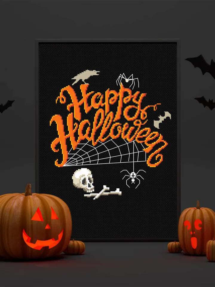 Happy Halloween cross stitch pattern download PDF Halloween skull cross stitch Spooky xstitch chart Halloween quotes Magic embroidery #H10