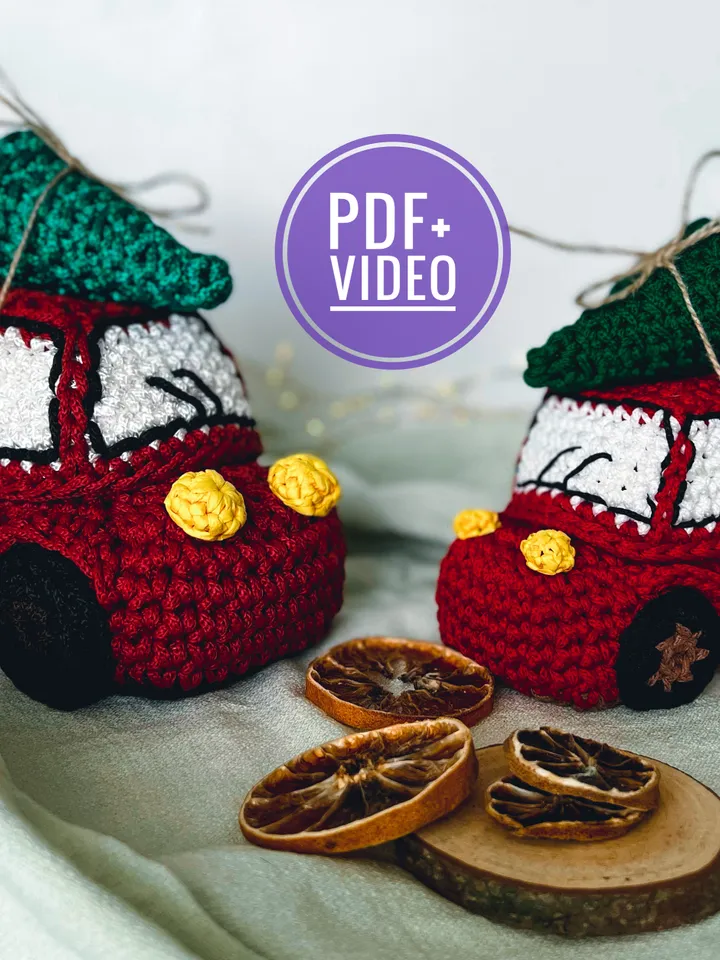 Crochet pattern basket car with Christmas tree, New year red car, crochet storage, PDF digital instant download, video tutorial