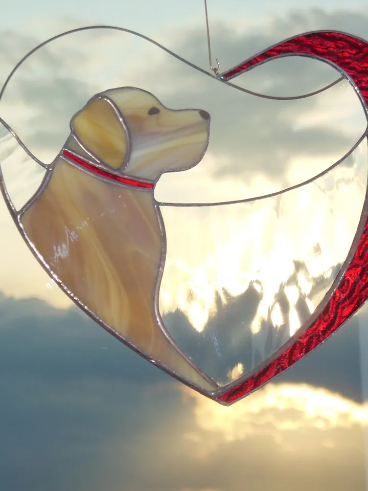 Dog Golden Retriever Labrador in Red Heart . Art Stained glass window hanging Suncatcher , Gift for animal lover , pet loss memorial