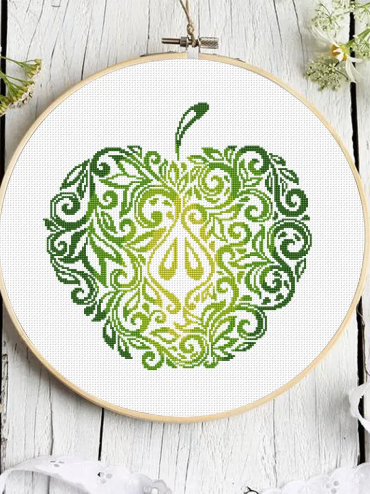 Green apple mandala cross stitch pattern PDF download Fruit cross stitch chart, Apple hand embroidery PDF, Vintage apple ornament #M210