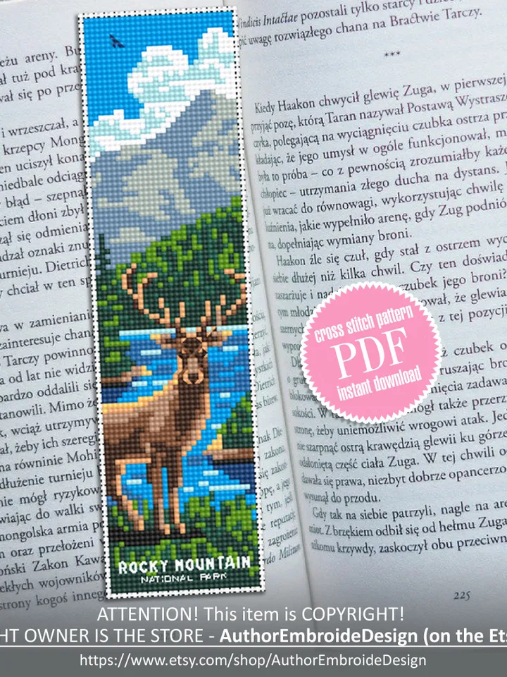 Rocky mountain national park bookmark cross stitch pattern PDF instant download Nature cross stitch chart, Deer embroidery PDF #B189