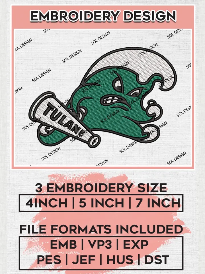 Tulane Green Wave Logo Machine Embroidery Design, NCAA Tulane Green Wave Embroidery Design Design files, NCAA Embroidery Designs, NCAA Machine Embroidery Designs, Digital Download