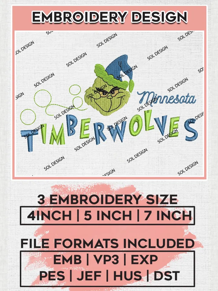 Grinch Minnesota Timberwolves Embroidery Designs, Grinch Christmas Embroidery Files, NBA Minnesota Timberwolves Machine Embroidery Designs, NBA Timberwolves Logo, NBA Christmas Machine Embroidery Design, Digital Download