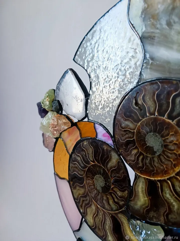 Paired Ammonites on a Stand, Paired Stained Glass Ammonites on Stand, Paired Ammonites, Ammonite Duo on Stand, Twin Fossil Ammonites, Ammonite Sculpture with Gemstones, Stained Glass and Ammonite Art, , Twin Ammonites with Stained Glass Accents