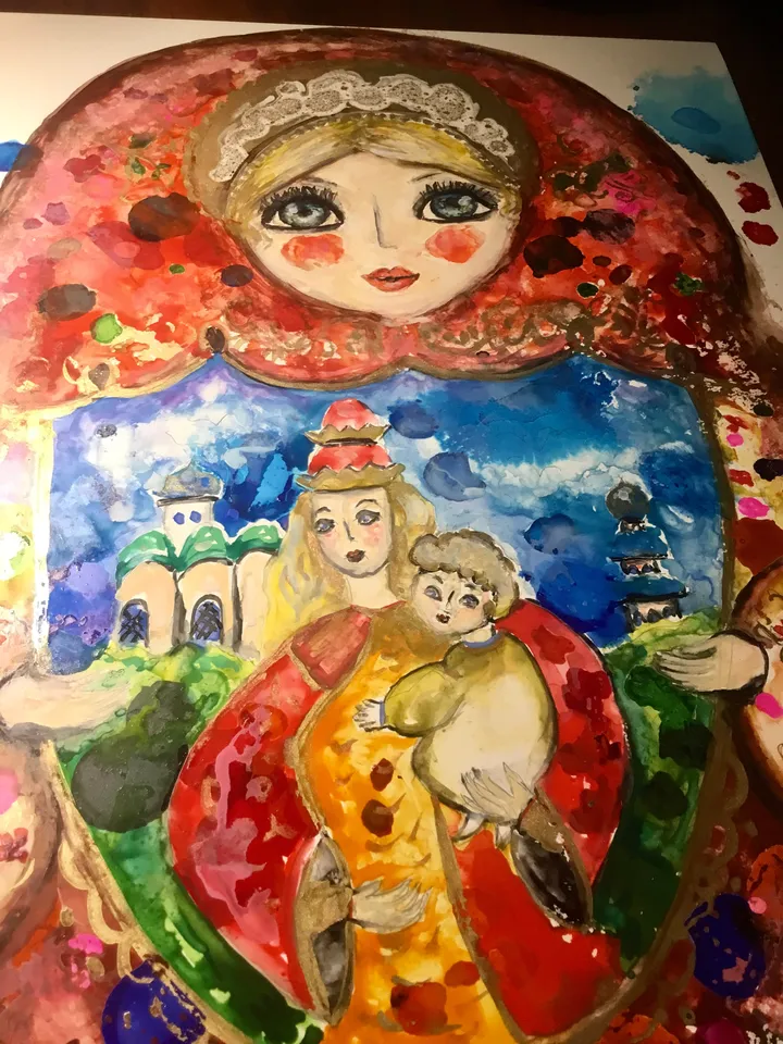 Matryoshka doll original mix media painting on yupo paper,watercolours and alcohol inks painting,unique artwork russian doll painting,gift