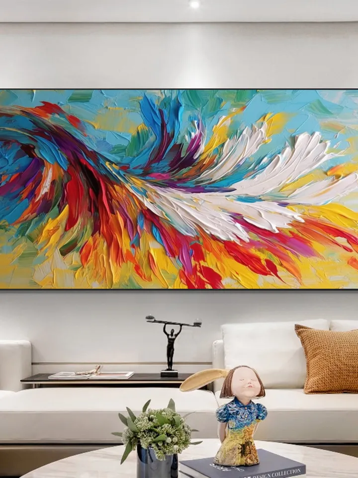 Large Oil Painting On Canvas, Original Colorful Feathers Painting, Abstract Painting, Custom Painting, Office Living room Bedroom Wall Art