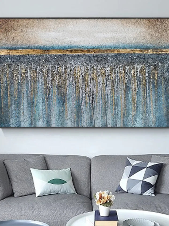 Hand-Painted Blue & Gold Oil Painting On Canvas Gold Foil Painting Flowing Painting Large Oil Painting Abstract Wall Art Spring Wall Decor
