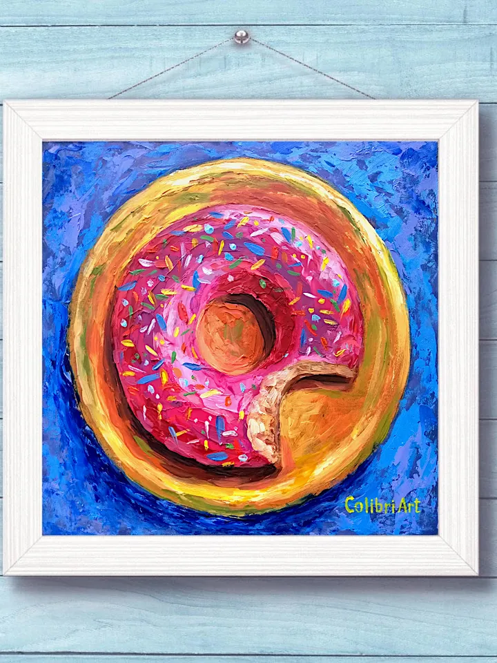 Breakfast Painting Donut Original Art Food Painting Small Kitchen Decor Sweet Art Miniature 8"x 8" By Colibri Art