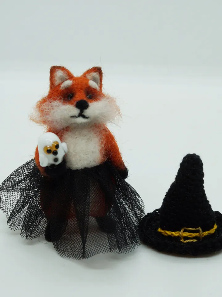 Glinda the fox, miniature needle felted fox in a witch outfit, ships from the US