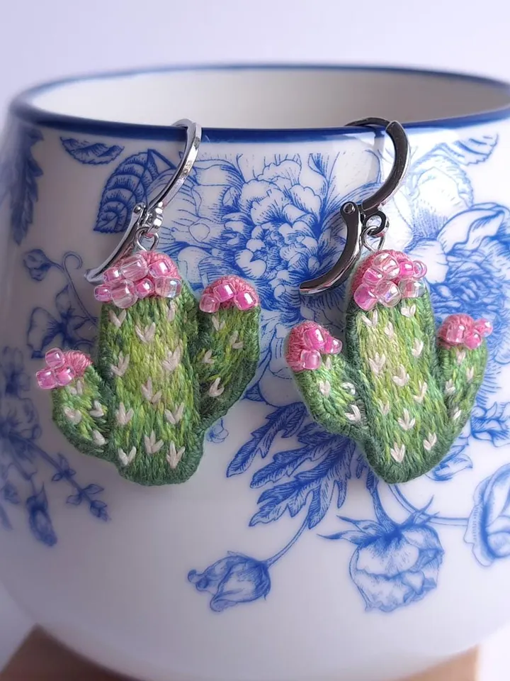 Cactus Earrings Embroidery Handcrafted Funny Jewelry Artisan Earrings Quirky Accessory Party Boho Design Fiesta Folk Art Celebration Decor