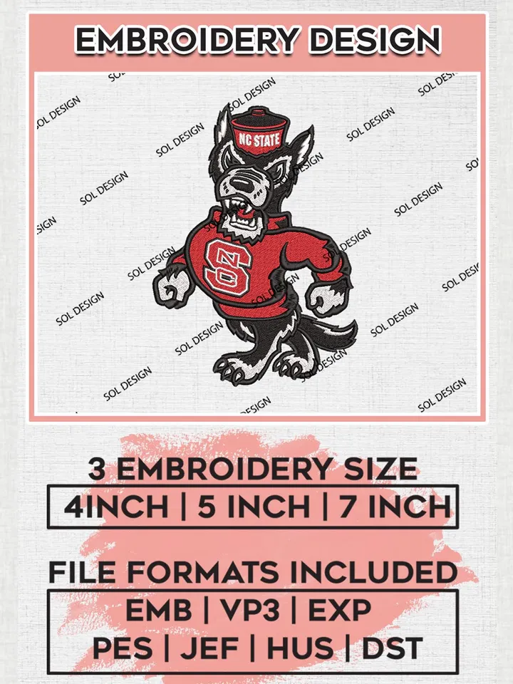 NC State Wolfpack Team Funny Mascot Logo Machine Embroidery Design, NCAA NC State Wolfpack Team Design Design files, NCAA Team Embroidery Designs, NCAA Machine Embroidery Designs, Digital Download