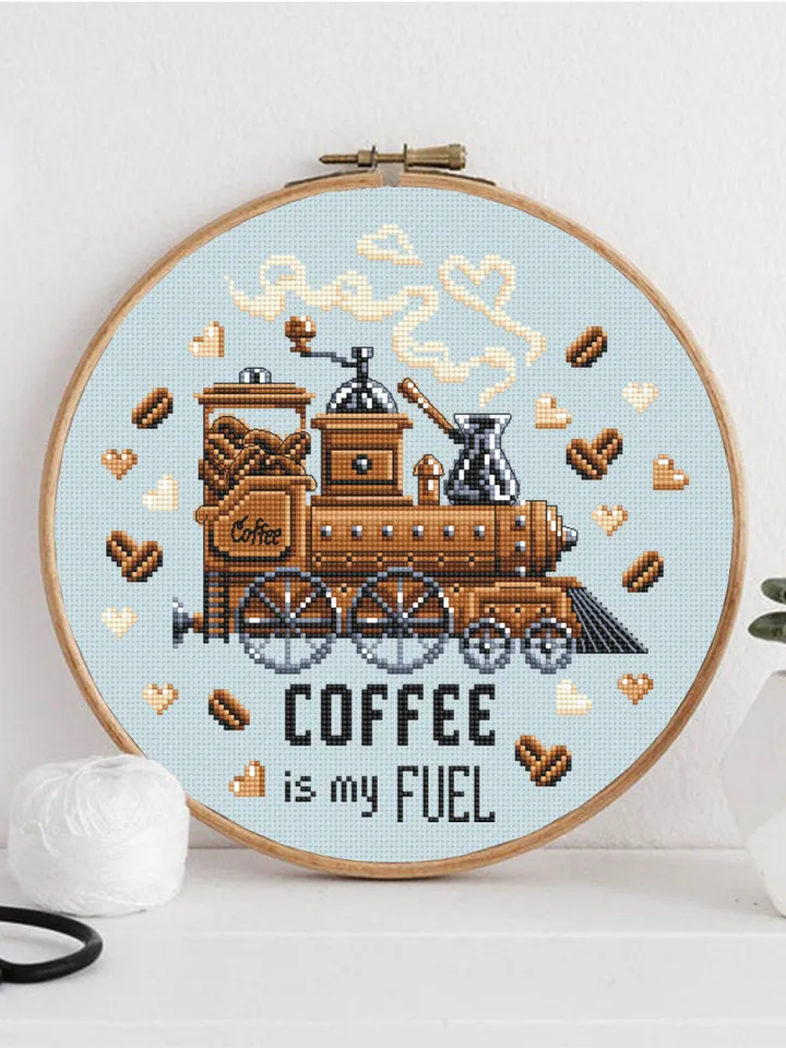 Funny Coffee quote cross stitch pattern PDF download Coffee is my fuel, Coffee Train cross stitch chart, Kitchen pattern digital PDF #Q58