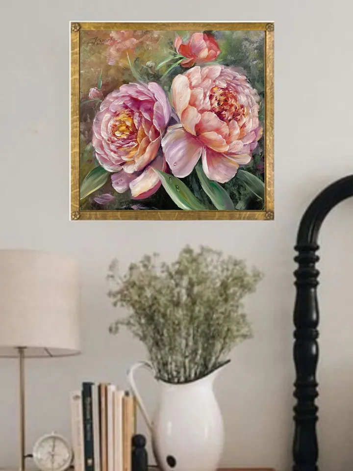 Peonies, flowers, oil painting on cardboard