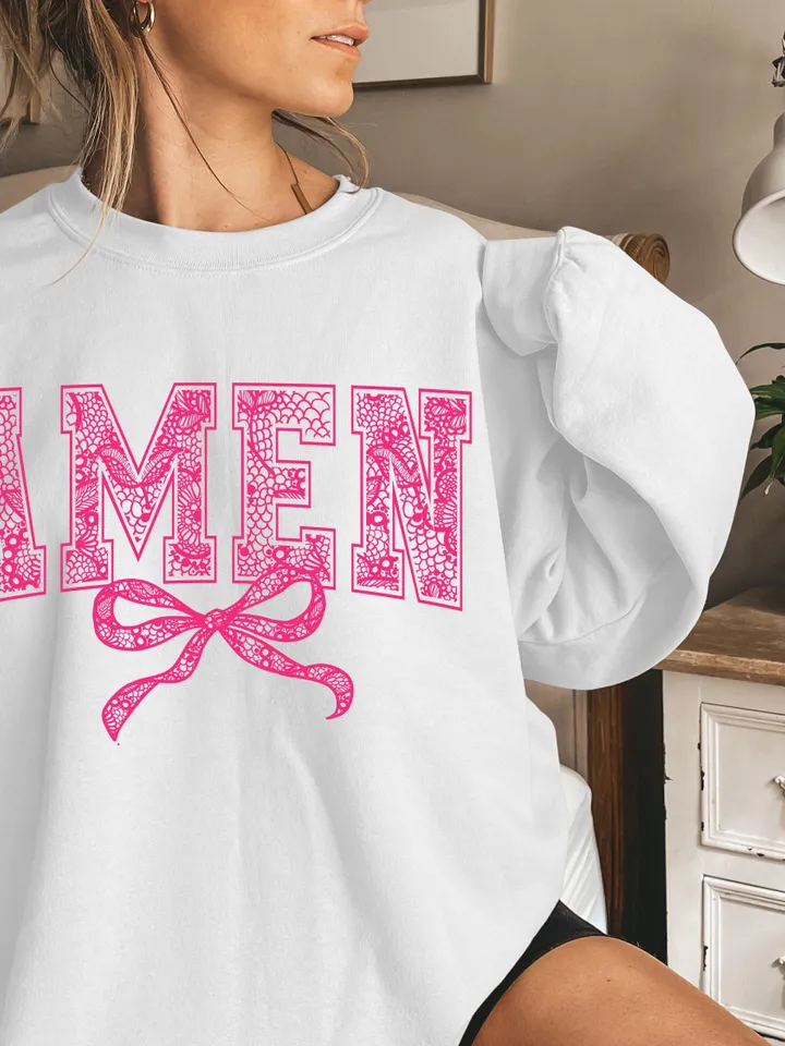 Amen Pink Lace Bow png, easter png, Lace Coquette Bow png, Spring png, Lace bow easter png, Faux Embroidery Girly, bible verses easter png