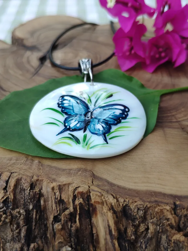 Pearl pendant necklace: Elegant Blue Butterfly hand painted on shell pendant • Unique dainty handcrafted jewellery • Stylish aesthetic gift