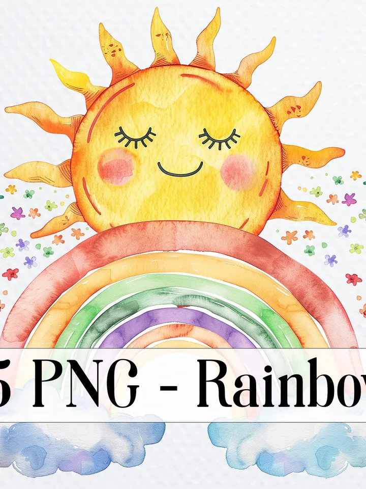 15 Rainbow PNG Bundle, Watercolor Sun And Rainbow Printable clipart for sublimation, Nursery  wall art, Paper craft, junk journals