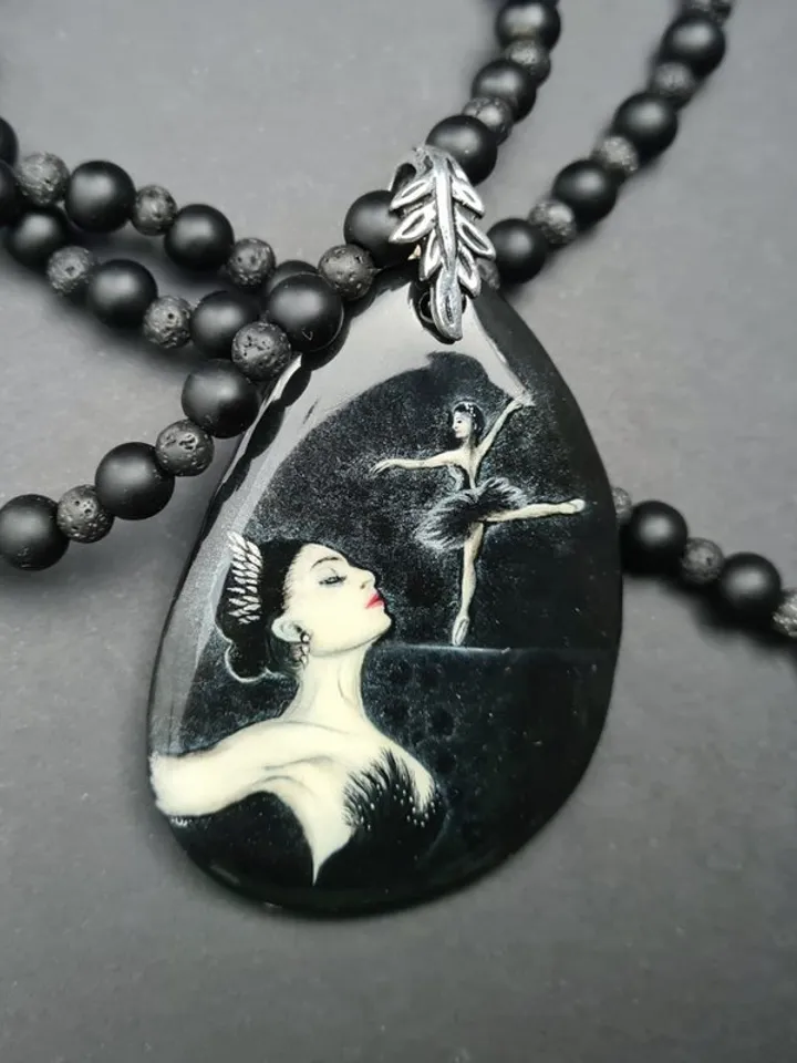 Necklace ballerina black swan Oil painting Miniature on agate One of a kind