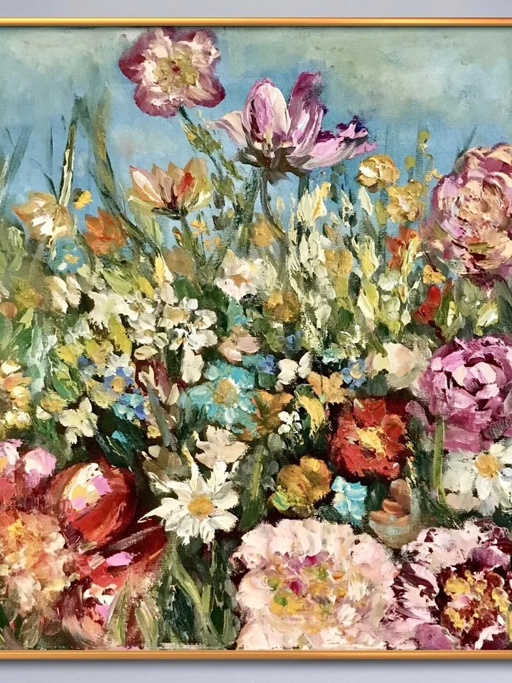 Colourful flowers original oil painting on unstretched canvas,field flowers painting,meadows painting,wild flowers wall art,flowers decor.