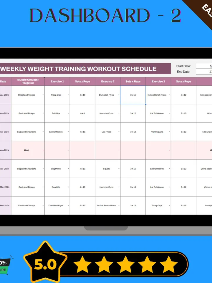 Weekly Weight Training Workout Schedule Template, Editable Google Sheets, Digital Download for Strength Training & Fitness Tracking