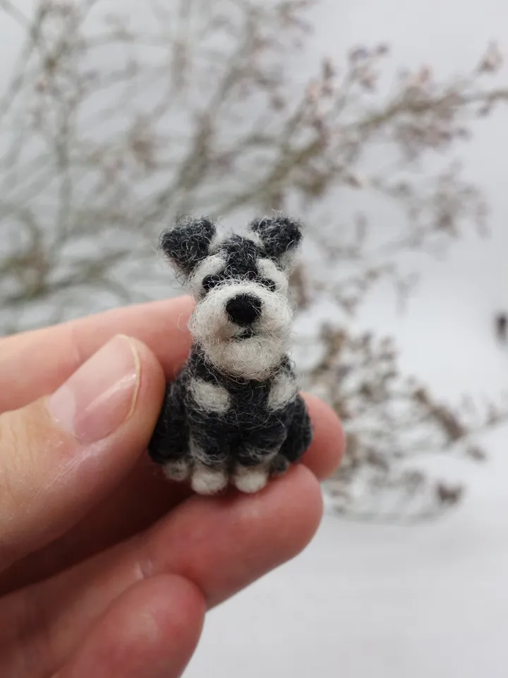Tiny needle felted gray schnauzer, miniature felted pet, dog portrait, made to order