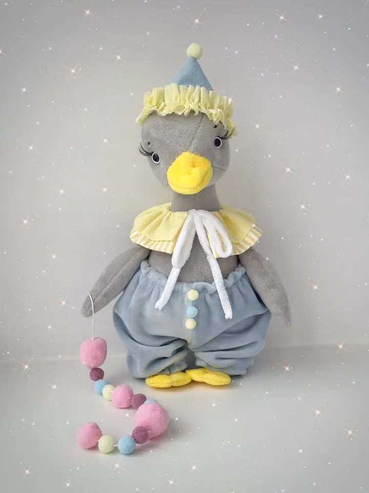Handmade Plush Soft Birthday Goose. Stuffed Animal Toy. Geese with Circus Style Clothes.