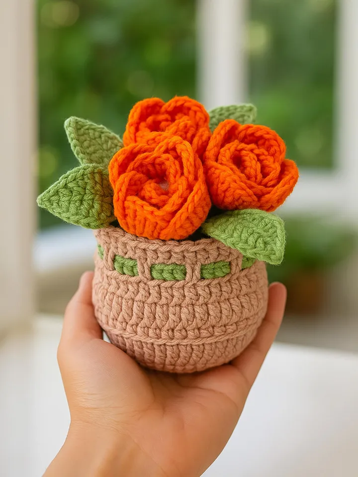 Crochet Flower Basket PDF Pattern, Amigurumi Floral Arrangement, DIY Crochet Home Decor, Handmade Rose Bouquet Tutorial
