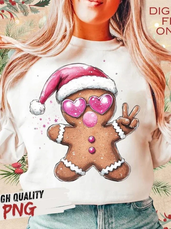 Retro Gingerbread Pink Christmas blowing bubble png Christmas Sublimation Digital Design Download,Vintage Christmas Png Santa Sunglasses