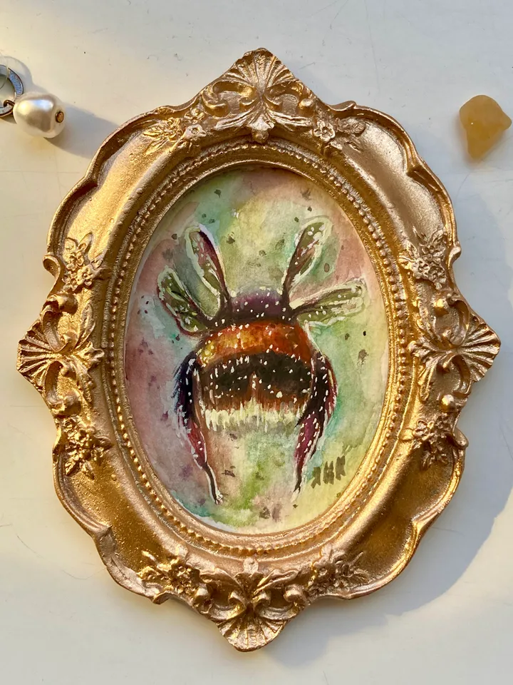 Framed Bumblebee Oil Painting Original Entomology Art Bee Painting Oval Frame