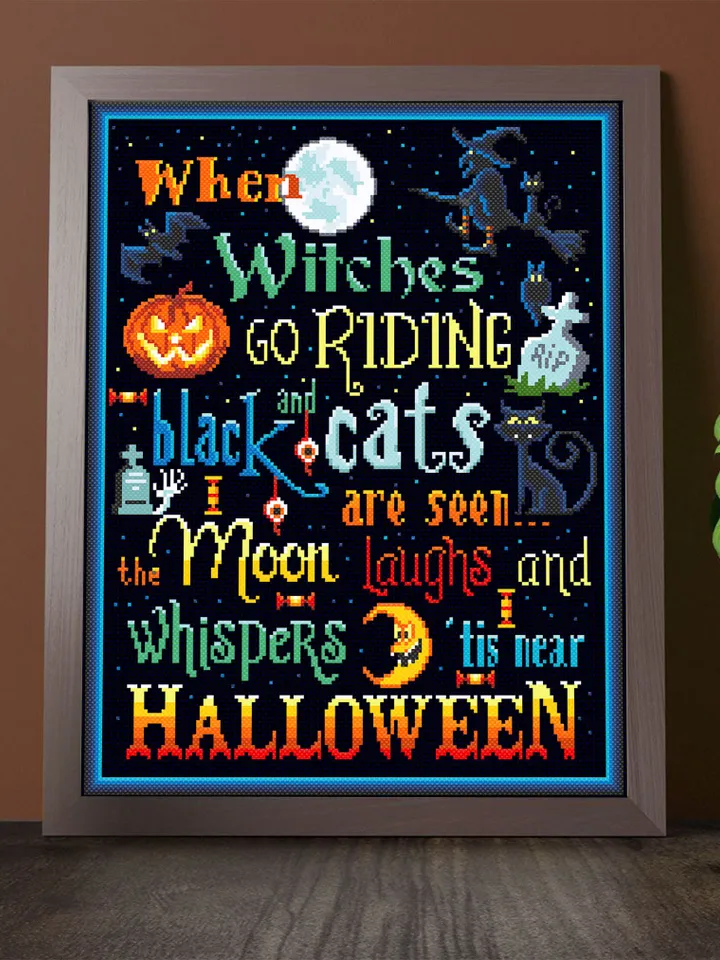 Halloween quotes cross stitch pattern download PDF Horror Halloween night cross stitch Magic xstitch chart Black witch cat embroidery #H18