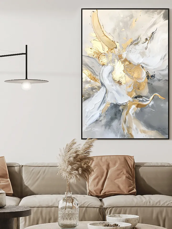 Hand-Painted Abstract Oil Painting | Modern Wall Art with Gold and Gray Accents | Elegant White and Silver Home Decor for Living Room