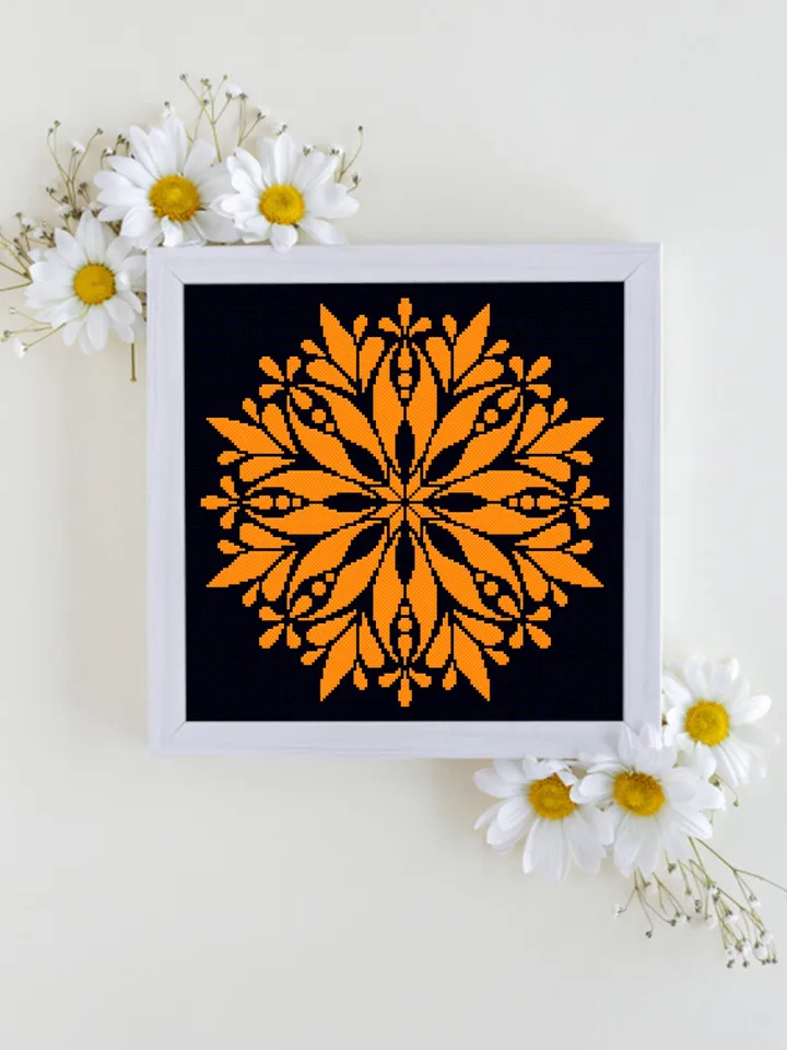 Flower mandala cross stitch pattern download PDF Easy mandala digital PDF Monochrome cross stitch chart Floral ornament embroidery PDF #M102