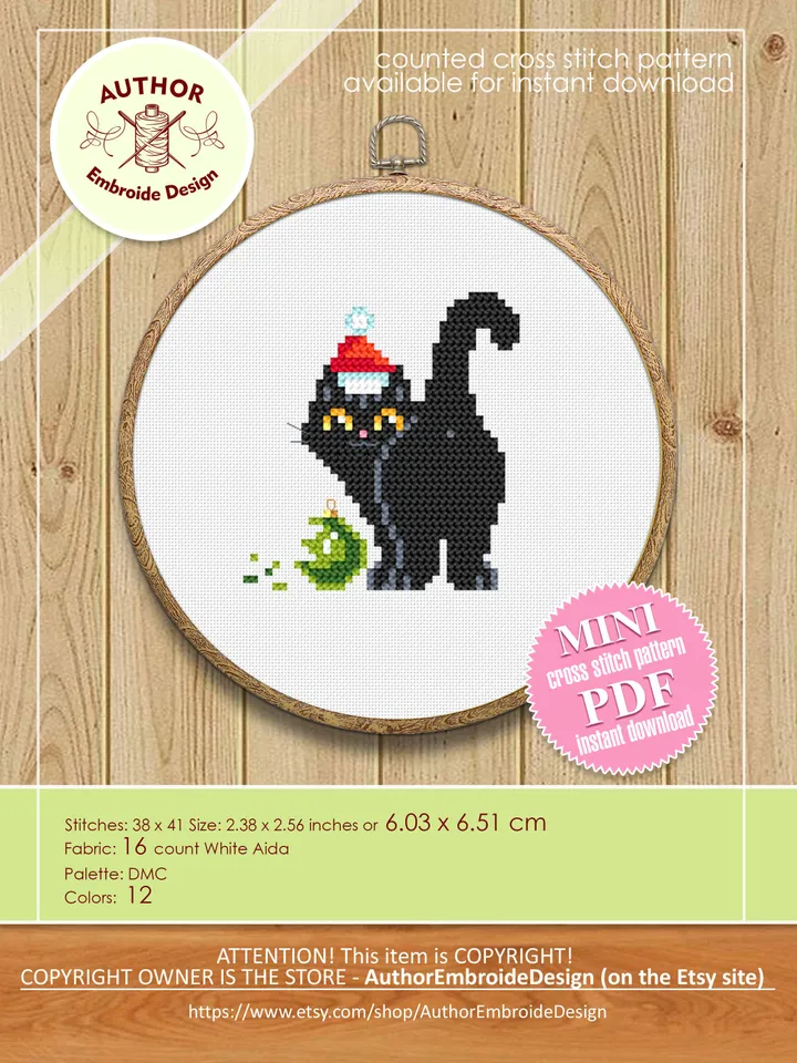 Set Christmas cats cross stitch pattern download PDF, Cute black cat embroidery PDF, Christmas cross stitch chart, Funny home cat decor #N77