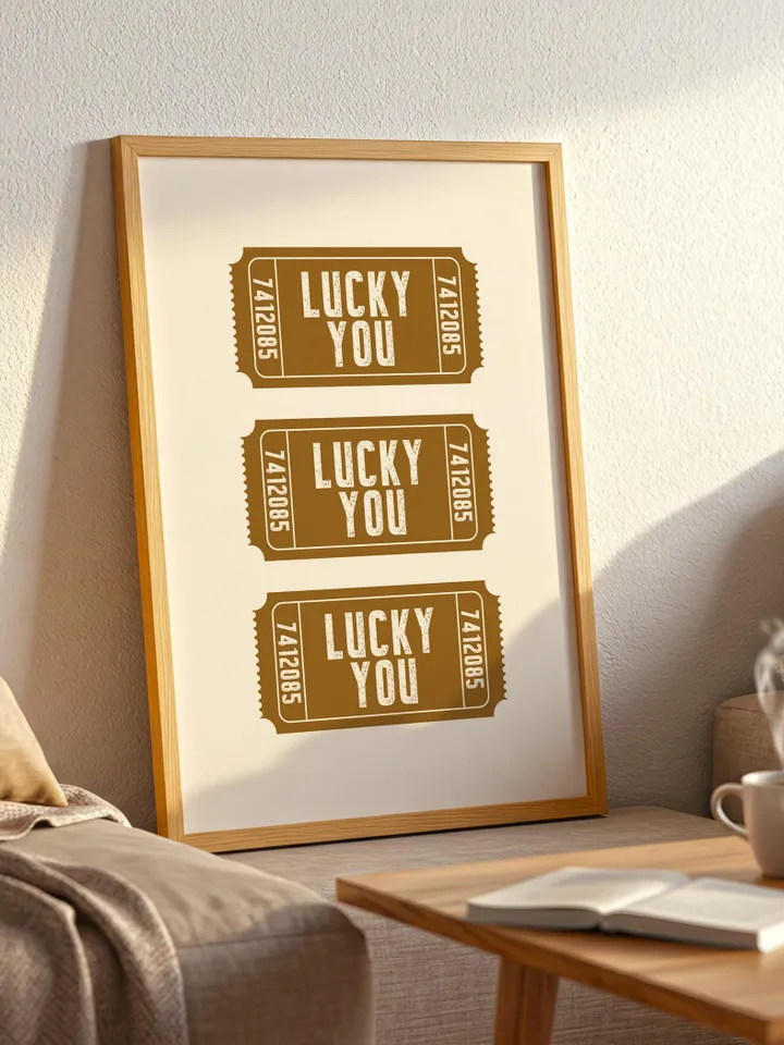 Lucky You Ticket Print, Vintage Ticket Poster, Minimalist Retro Wall Art, Digital Download, Personalized and Customizable Art