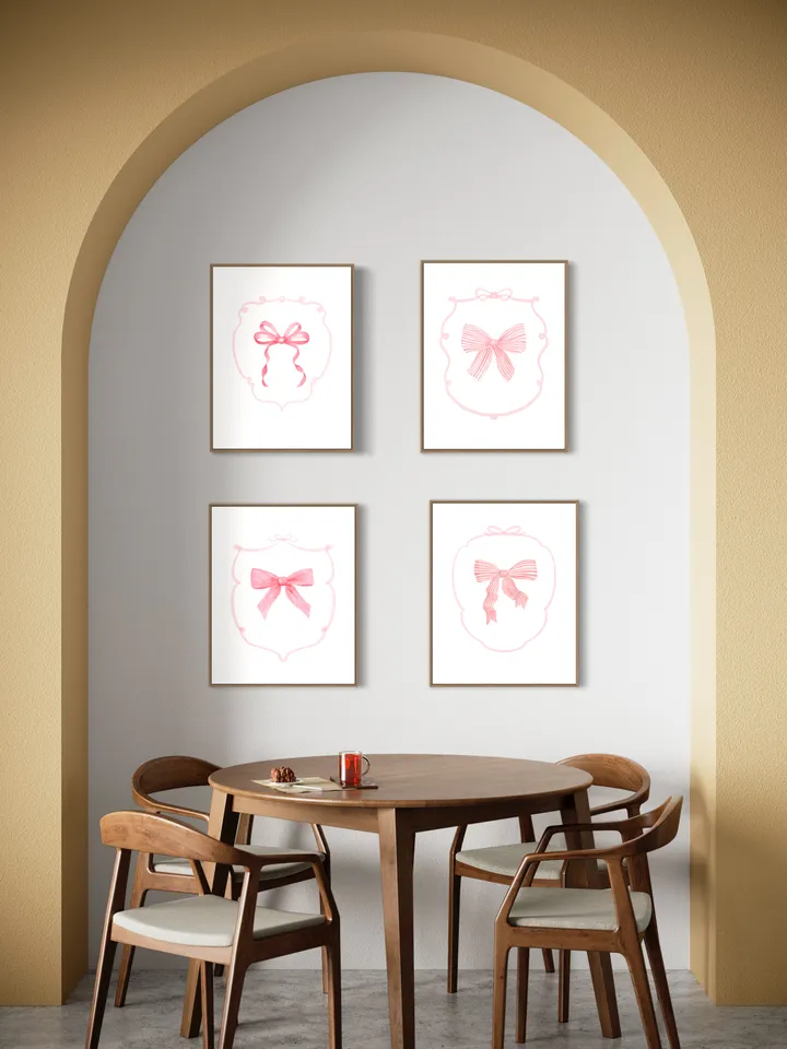 Pink Bow Set Of 4 Watercolor Digital Download, Nursery Decor, Girls Room Print, Baby Bow Art, Watercolor Bow Art, Girls Birthday Gift