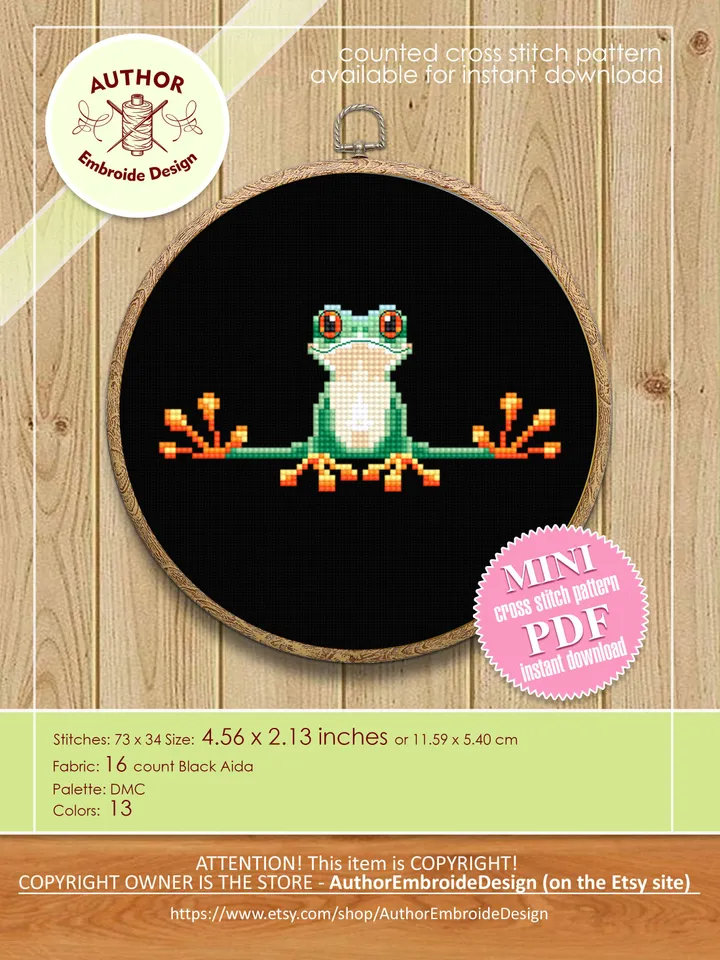 Small tree frog cross stitch pattern PDF Set of 3 frog patterns instant download, Mini cross stitch chart Red eyed tree frog embroidery #K19