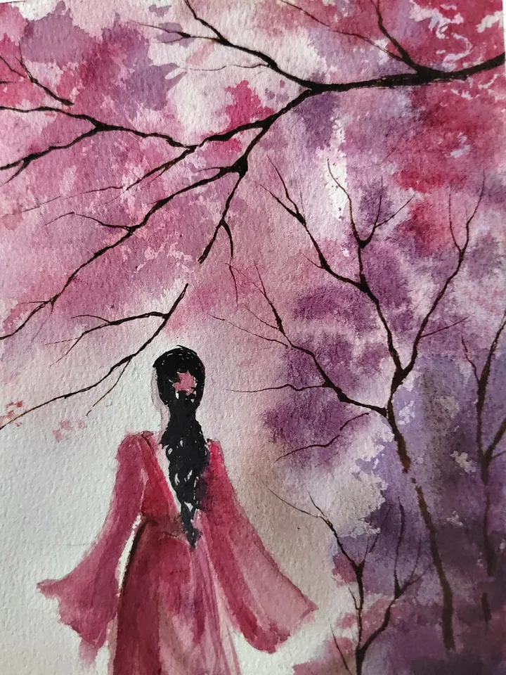 Japan Landscape Painting Original Watercolor Art Sakura blossoms Artwork 11.81x15.75 in by SoftWaves