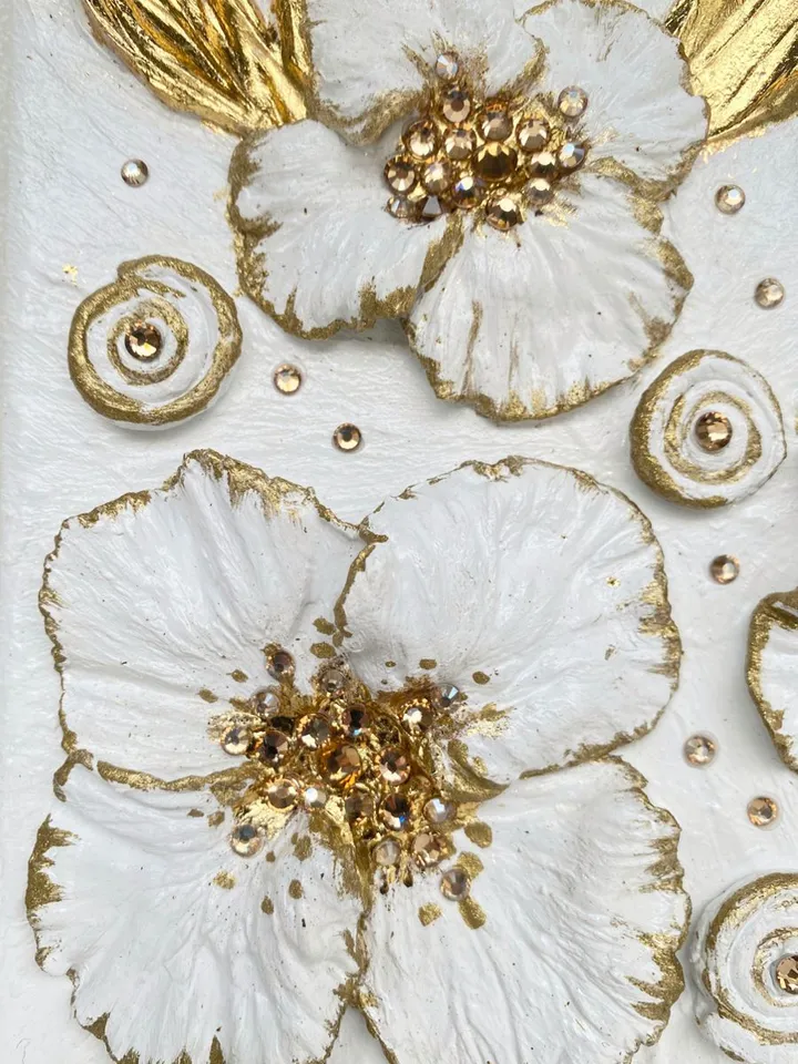 Gold and White Floral artwork with crystals | Poppy Textured painting Flower original art by Juliya JC
