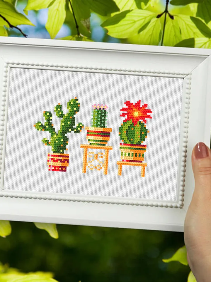 Cactus plant cross stitch pattern download PDF, Floral cross stitch chart, Potted plants embroidery PDF, Easy small cross stitch #P21